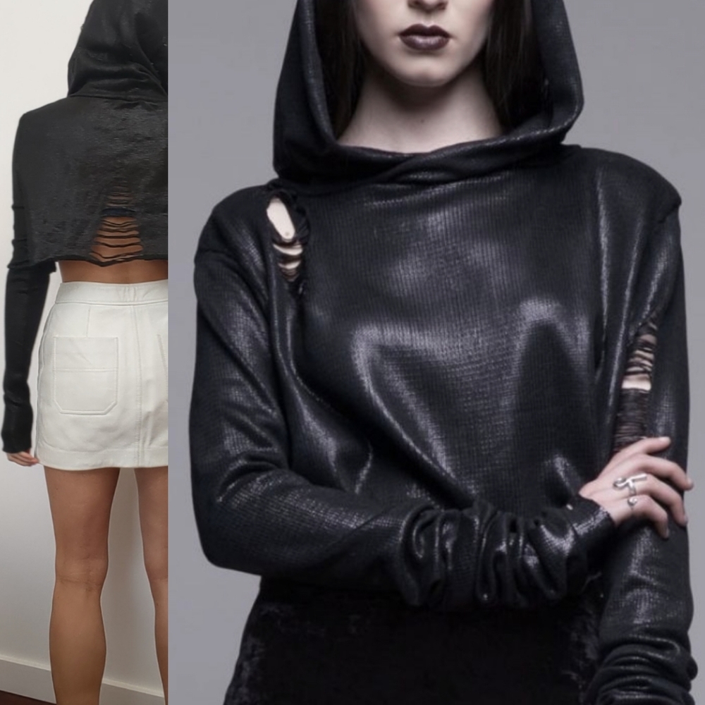 WIDOW UK PUNK glam rare oil slick black tattered hoodie xs